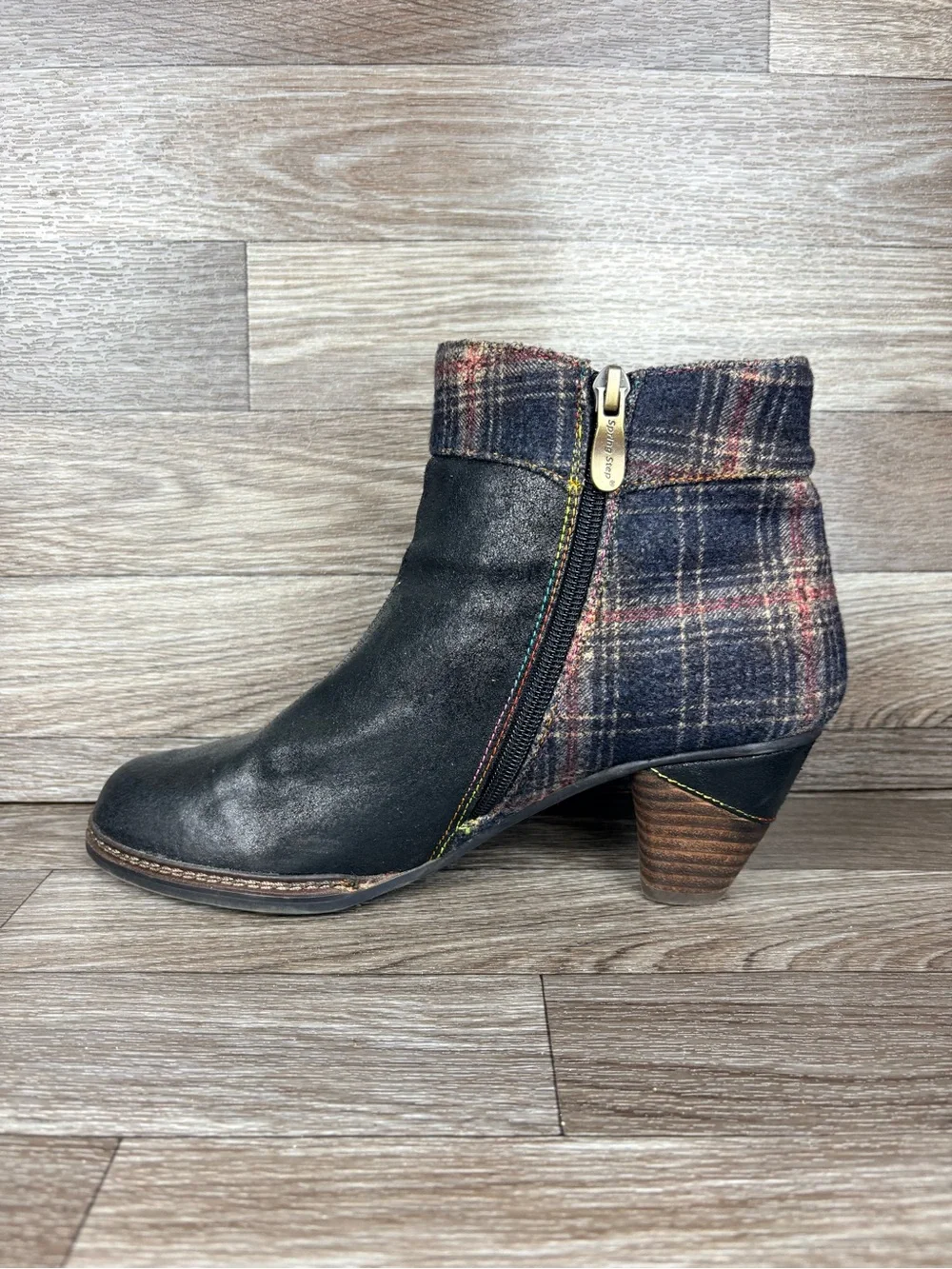 L'Artiste by Spring Step Scottala Ankle Boots Black Leather Plaid Fabric 8.5 39